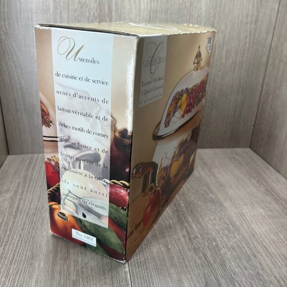 Cornucopia Enamel On Steel 3 Quart Covered Casserole Fruit Pattern Brass Handle - Picture 6 of 13